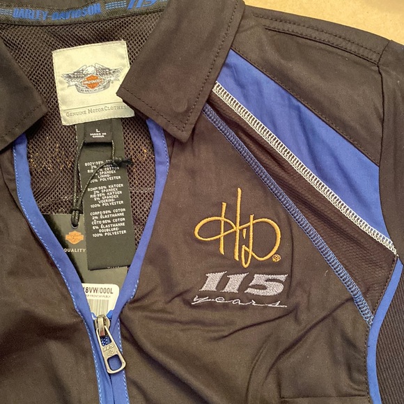 Harley Davidson 115 years embroidered eagle zip front v-neck short sleeve shirt - Picture 2 of 6